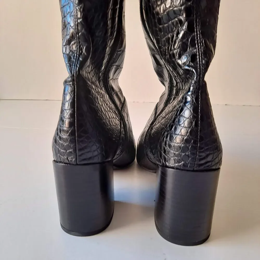 NWT Franco Sarto Tribute Black Croc Faux Leather Knee High Boots WIDE Calf 8.5 M